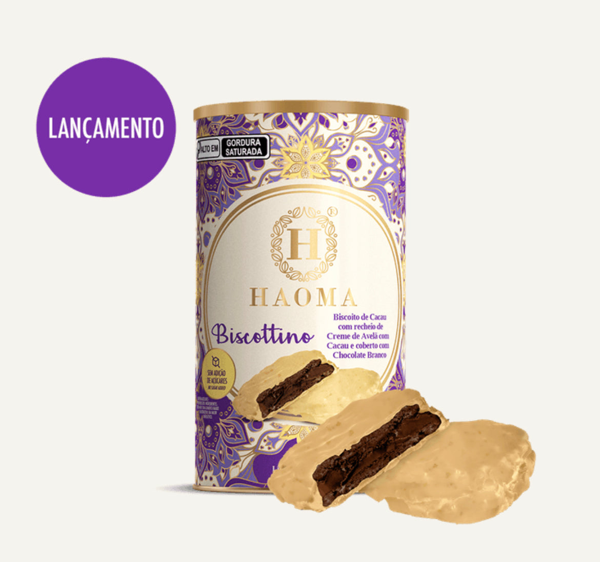 BISCOTTINO RECHEADO DE CREME DE AVELÃ COM CACAU E COBERTO COM CHOCOLATE BRANCO