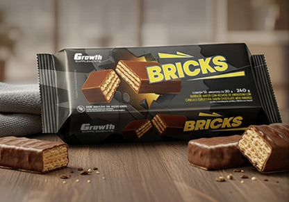 WAFER BRICKS 12 unidades SABOR AMENDOIM COM CANELA COM COBERTURA CHOCOLATE 240g - GROWTH SUPPLEMENTS